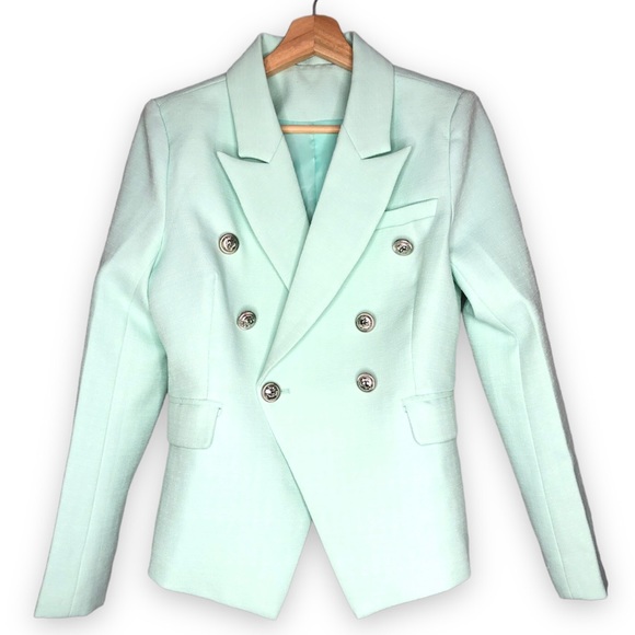Jackets & Blazers - Women Double Breasted Mint Blazer Peak Lapel Suit Blazer Long Sleeves Pockets